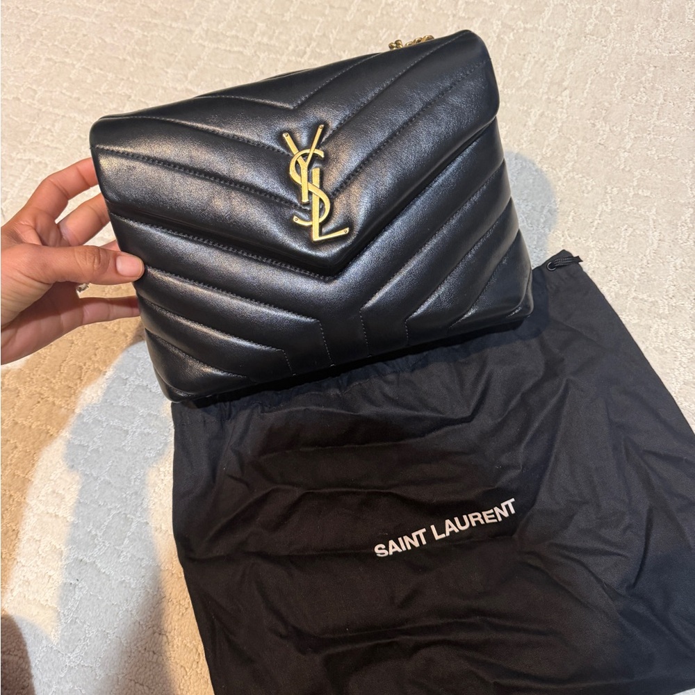 Saint Laurent Black Quilted Clutch with Gold Logo